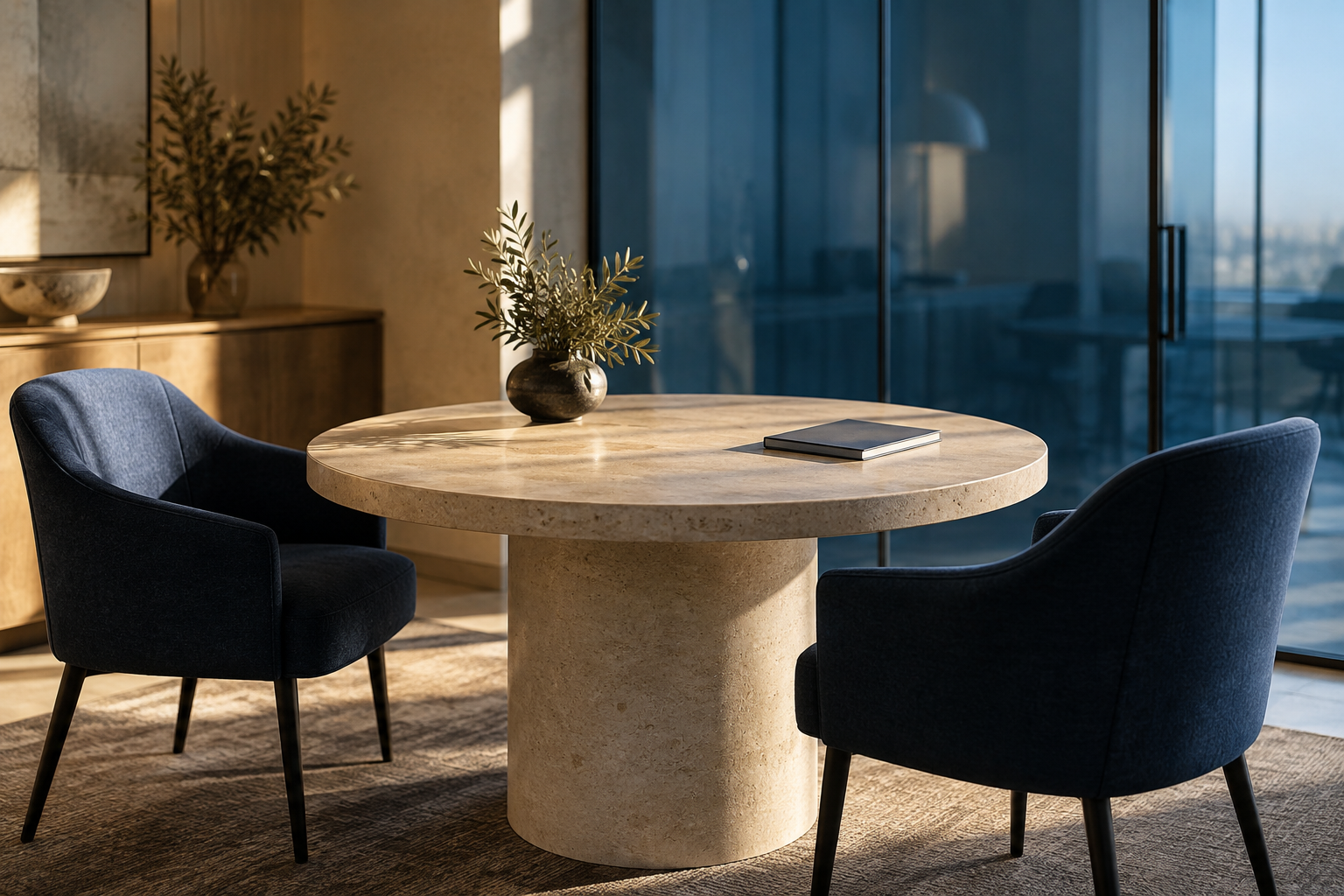Conceptual professional meeting room with an empty table and chairs