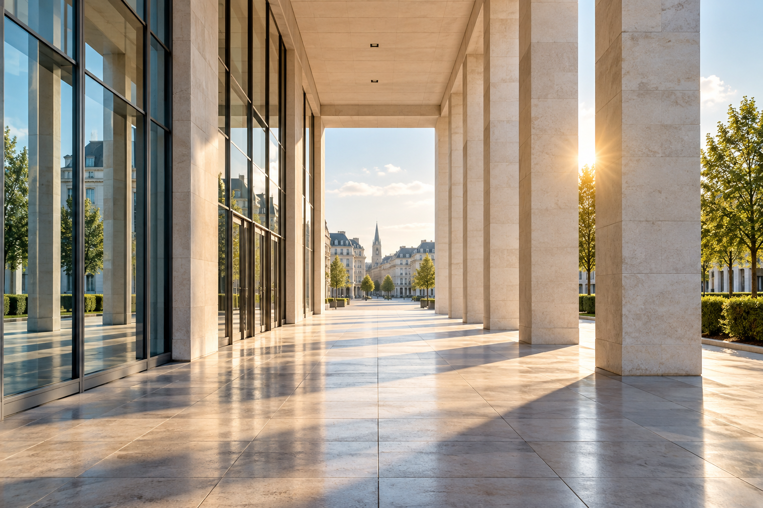 Conceptual architectural image of an open limestone and glass colonnade leading into a sunlit European courtyard