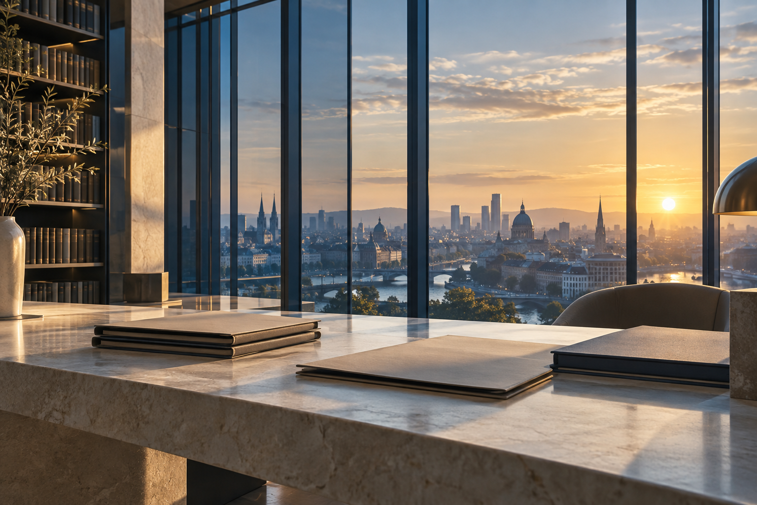 Conceptual architectural illustration of a research library overlooking a European city; not an actual authority building