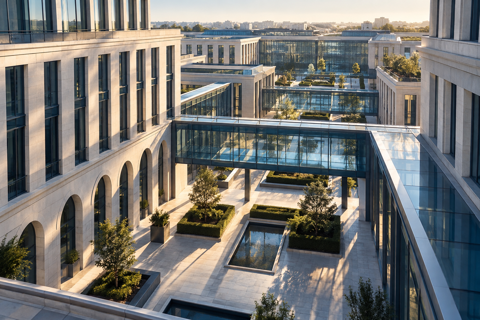 Conceptual architectural illustration of connected European courtyards and glass corridors; not an actual authority building