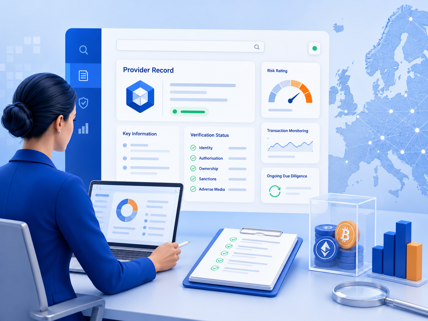 Compliance analyst reviewing a crypto-asset provider record