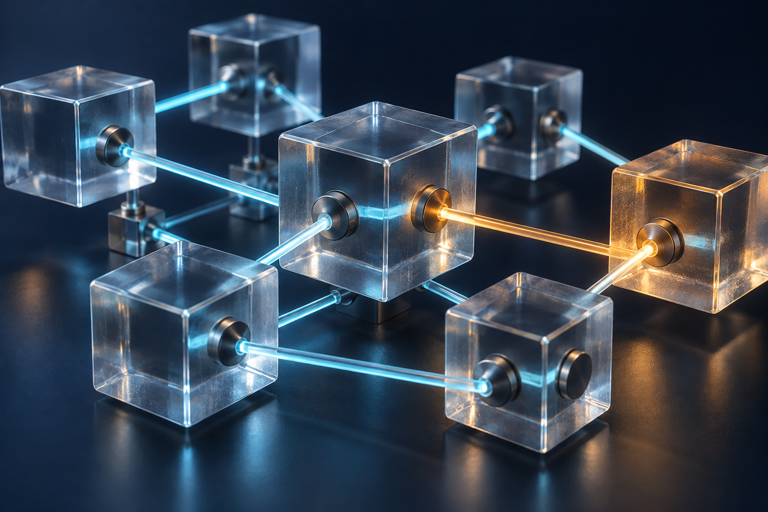 Conceptual network of connected glass cubes representing digital-asset transaction analysis