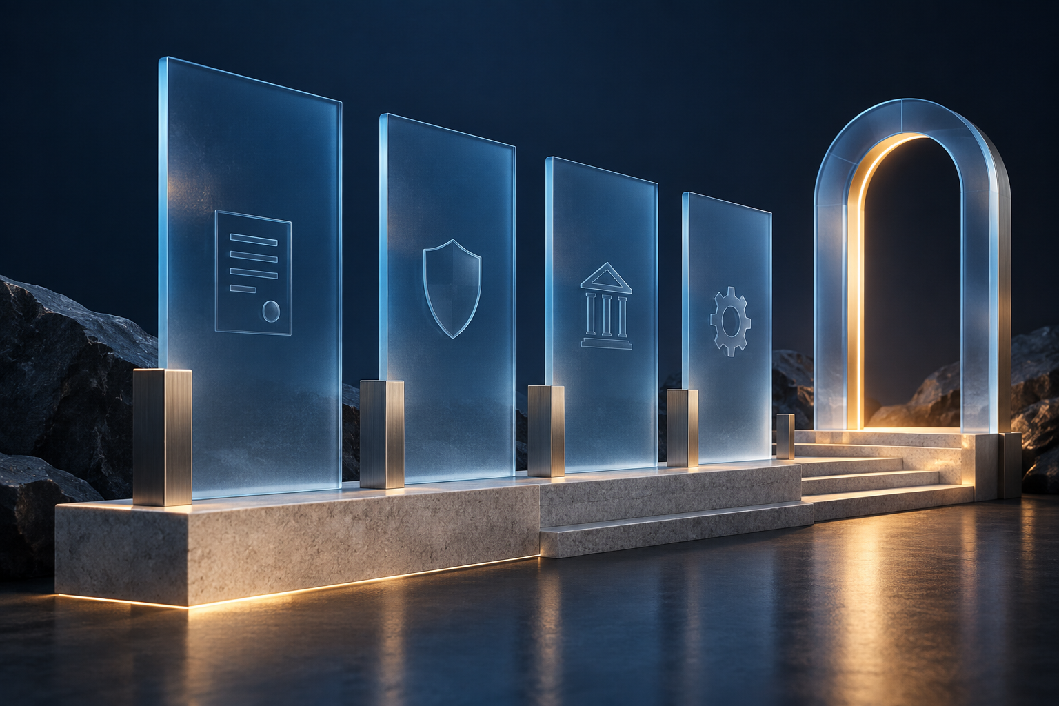 Conceptual glass panels arranged on a stone foundation, representing regulatory structure