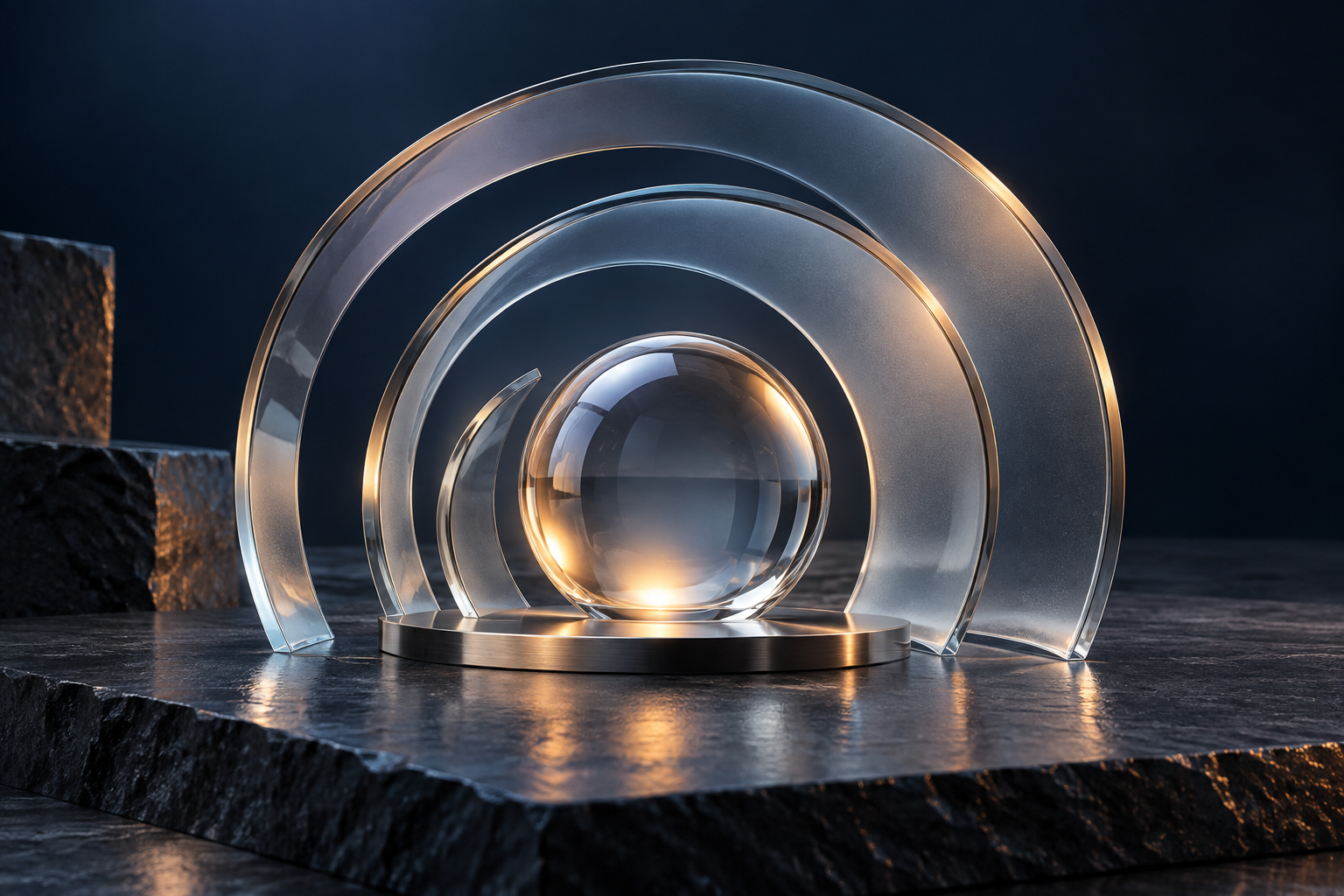 Conceptual glass arcs surrounding a luminous core, representing protected communications