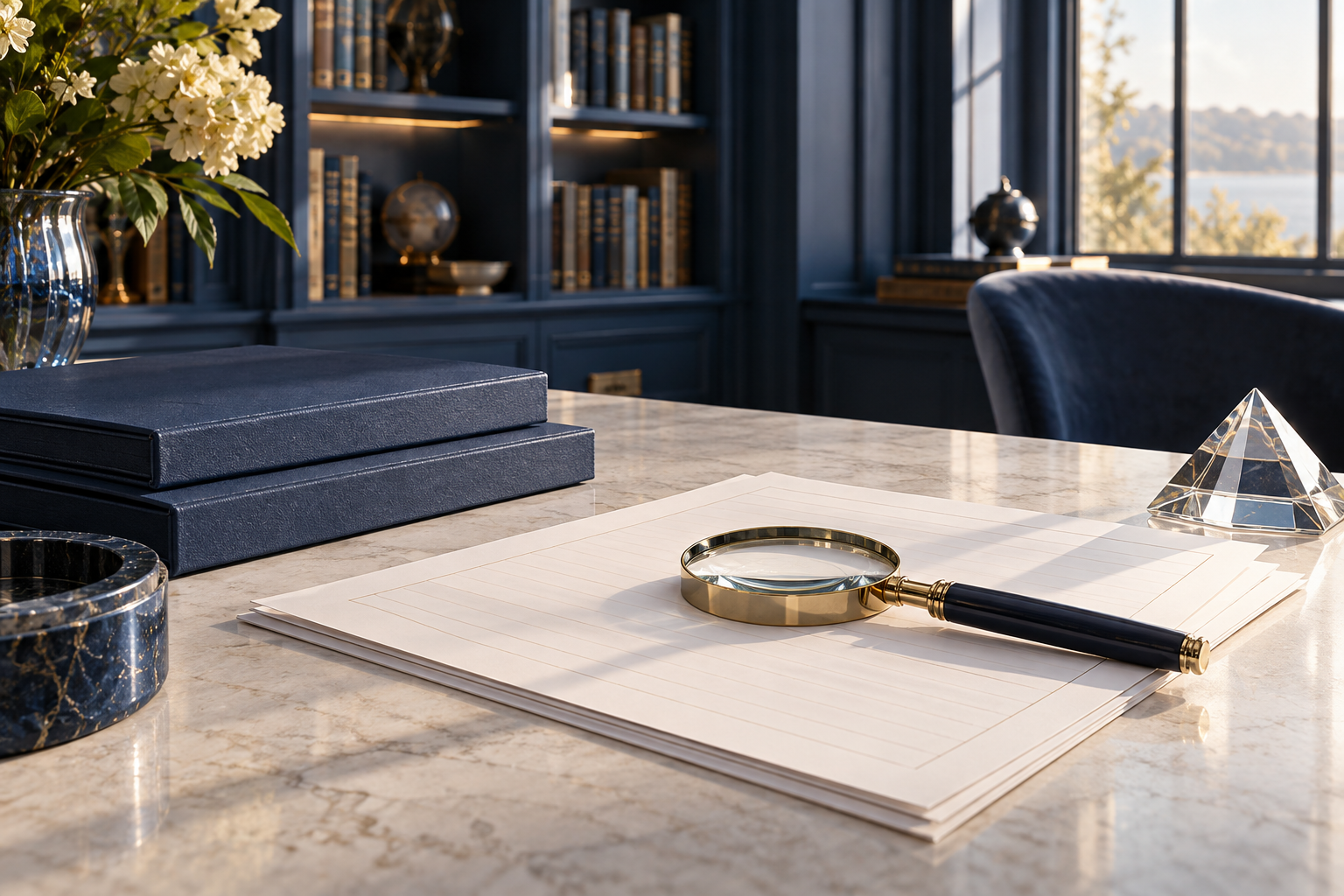 Conceptual research desk with a magnifying glass and plain documents